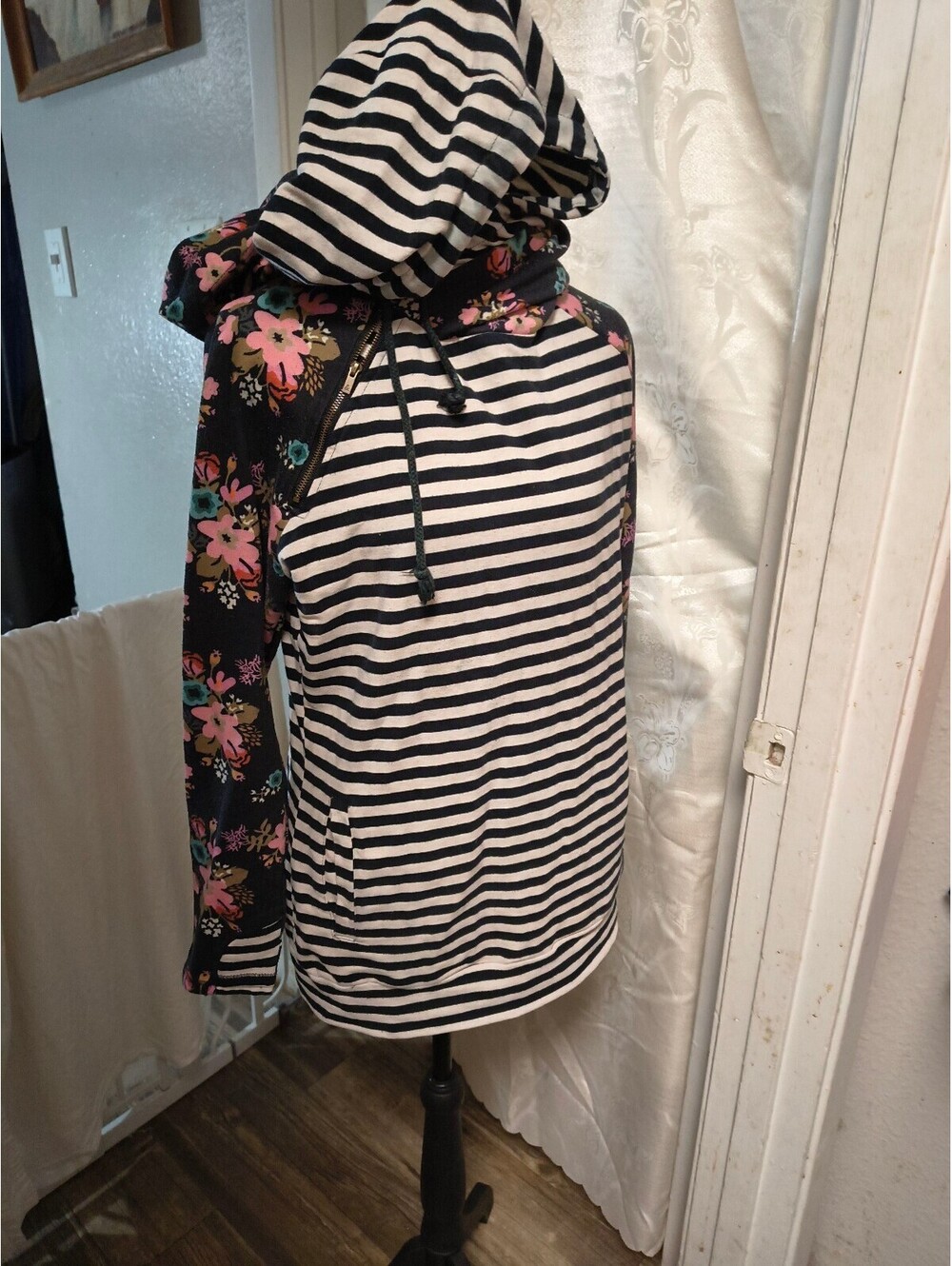 #Ampersand Striped and Floral Double-Hood Hoodie with Side Zipper Detail